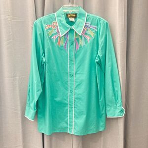 Bob Mackie Wearable Art Button Up Shirt Teal Embroidered Ribbon Design Large